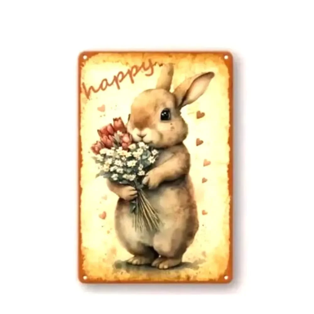 Rabbit sign Easter bunny w Flower Bouquet Vintage retro style wreath home decor